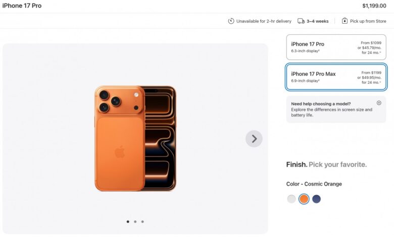 US iPhone 17 Pro Max pre-orders delayed until October.