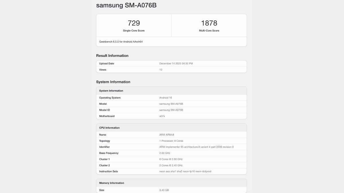 Samsung Galaxy A07 5G specs revealed via Geekbench listing